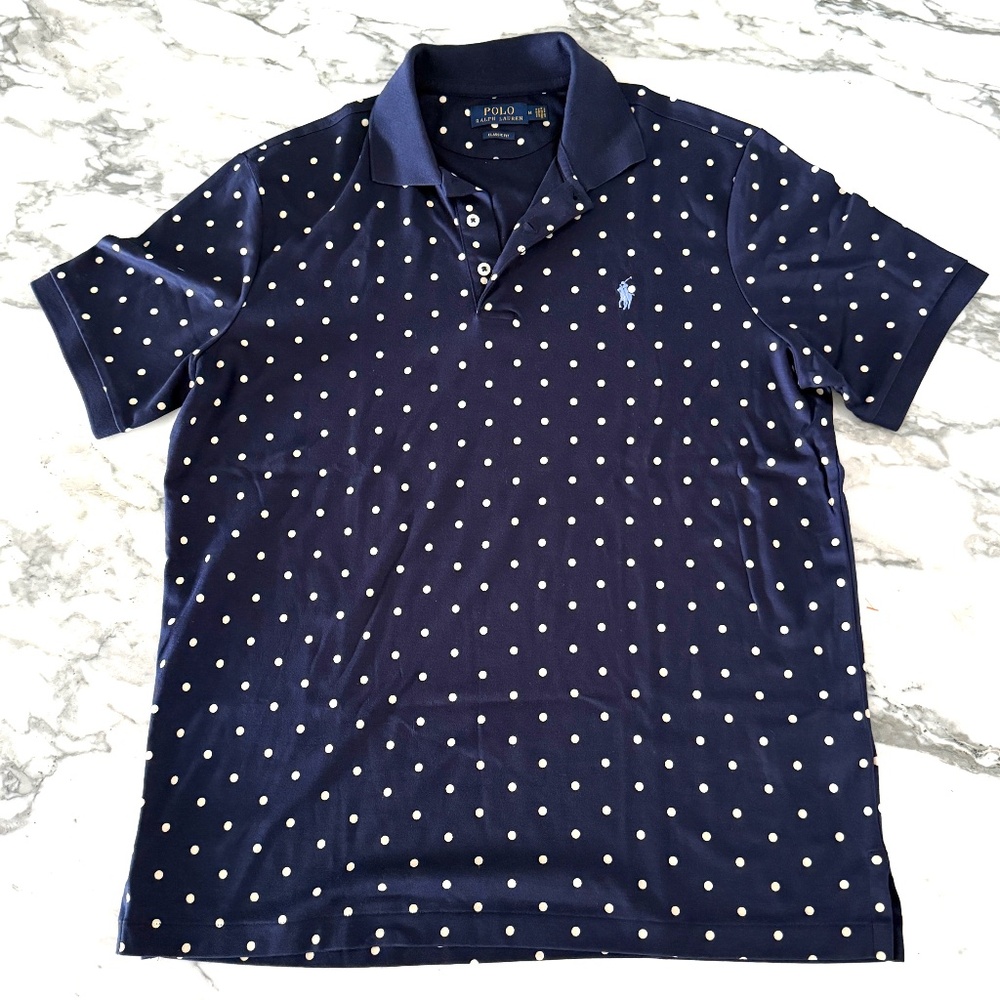 POLO Ralph Lauren Polo Shirt Mens Navy Blue Polka‎ Dot 100%  Cotton, Med